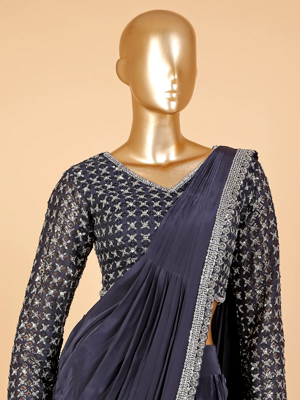 Navy silk pre stitched saree