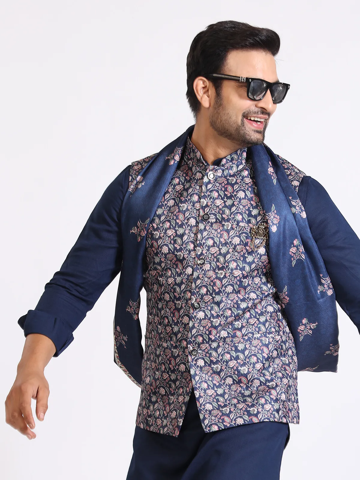 Navy silk printed waistcoat set