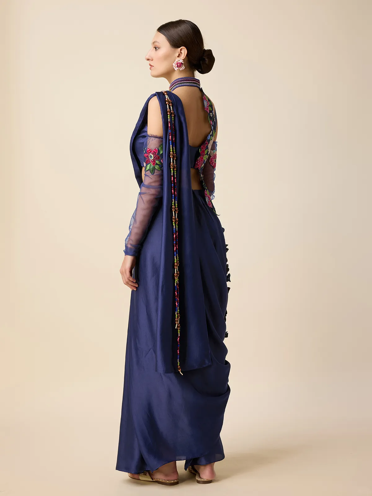 Navy silk ready pleated saree