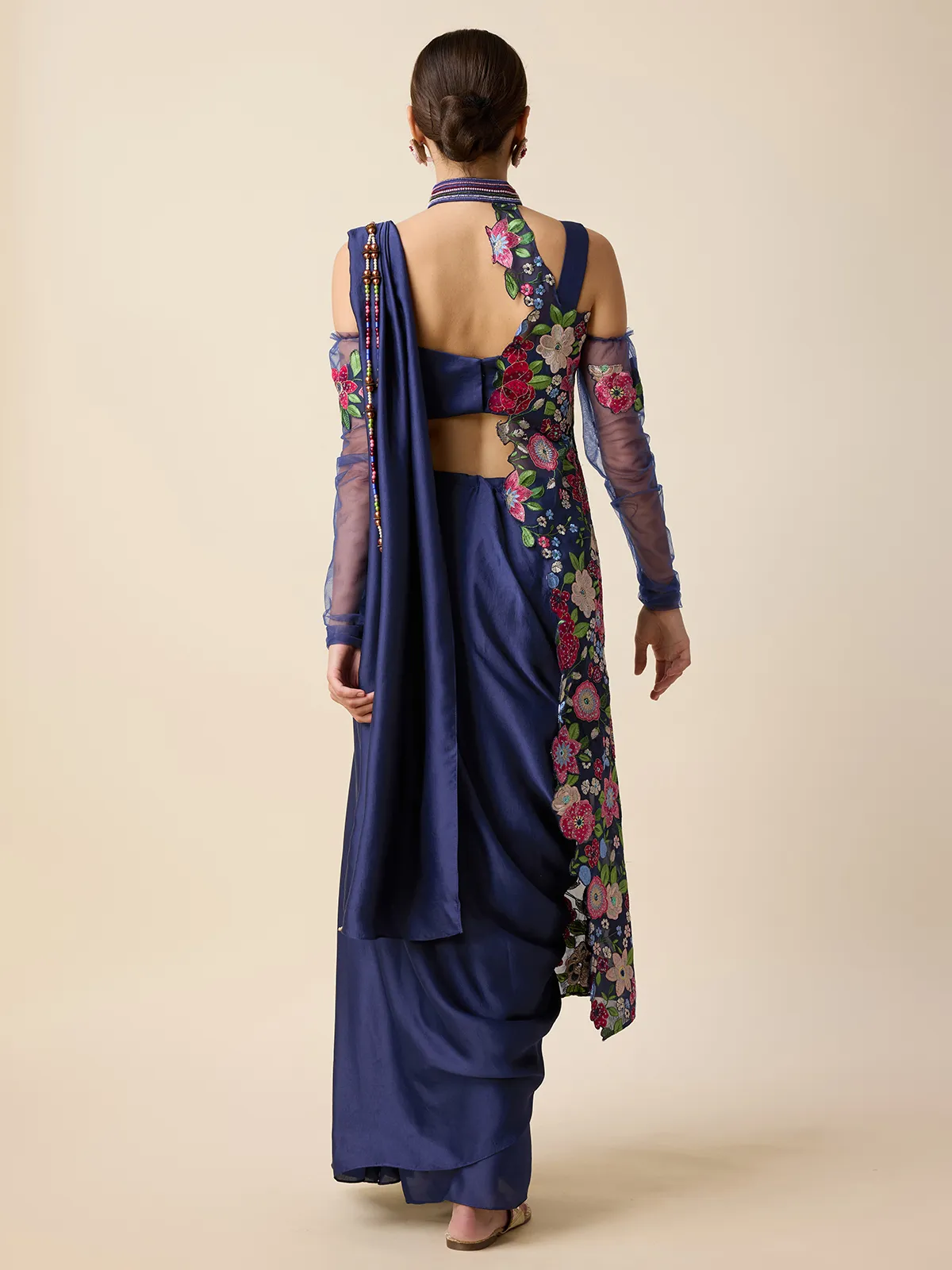 Navy silk ready pleated saree