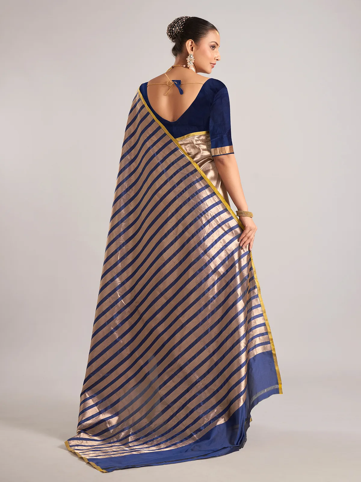 Navy silk saree unstitched blouse piece with zari weaving