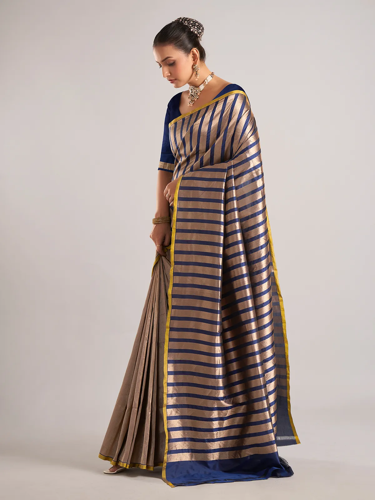 Navy silk saree unstitched blouse piece with zari weaving