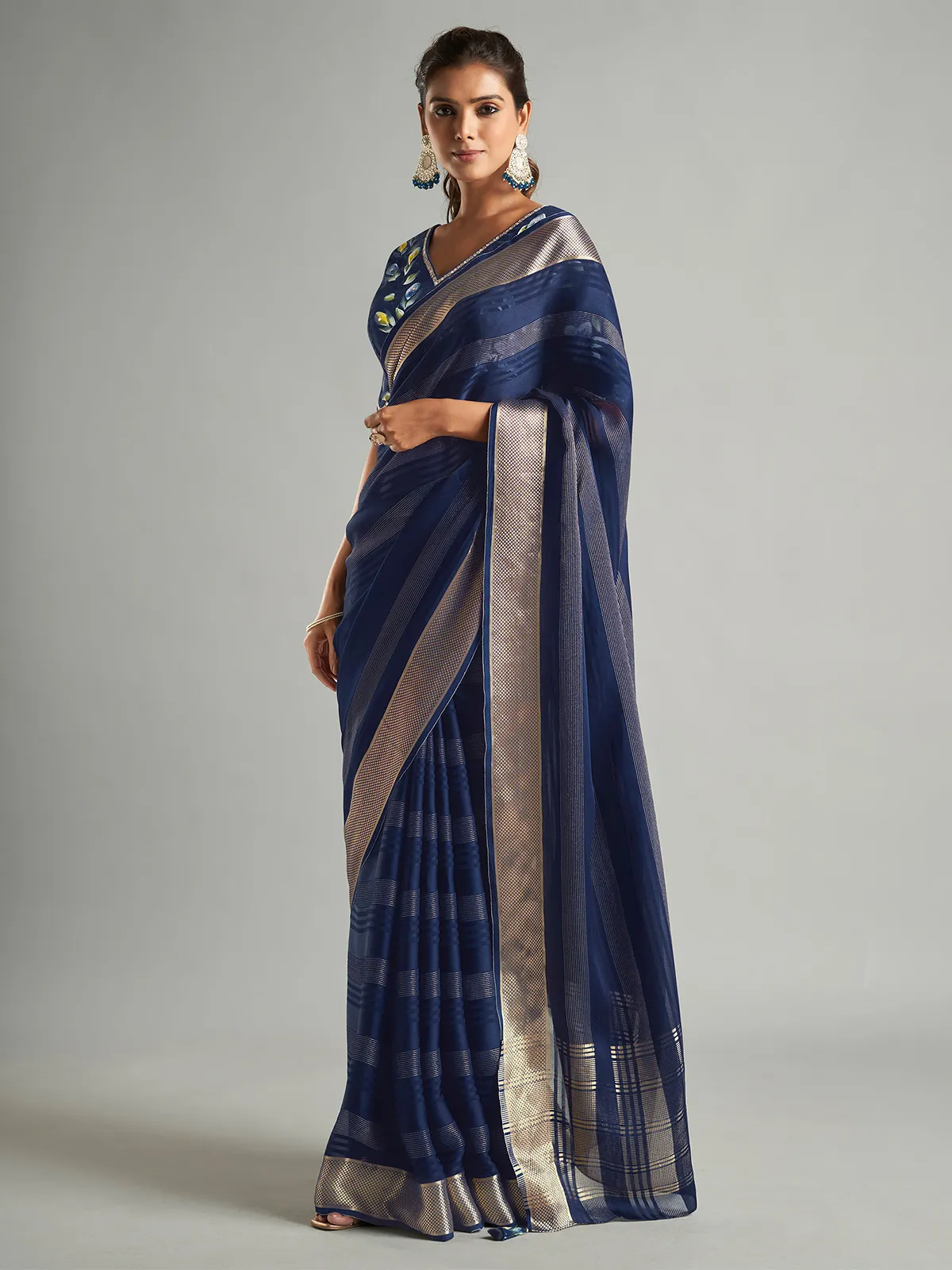 Navy stripe tissue silk saree