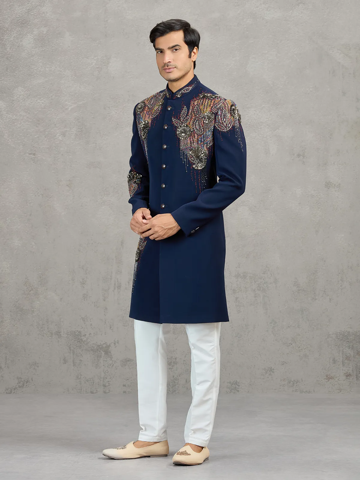 Navy terry rayon indowestern set with heavy embellishment