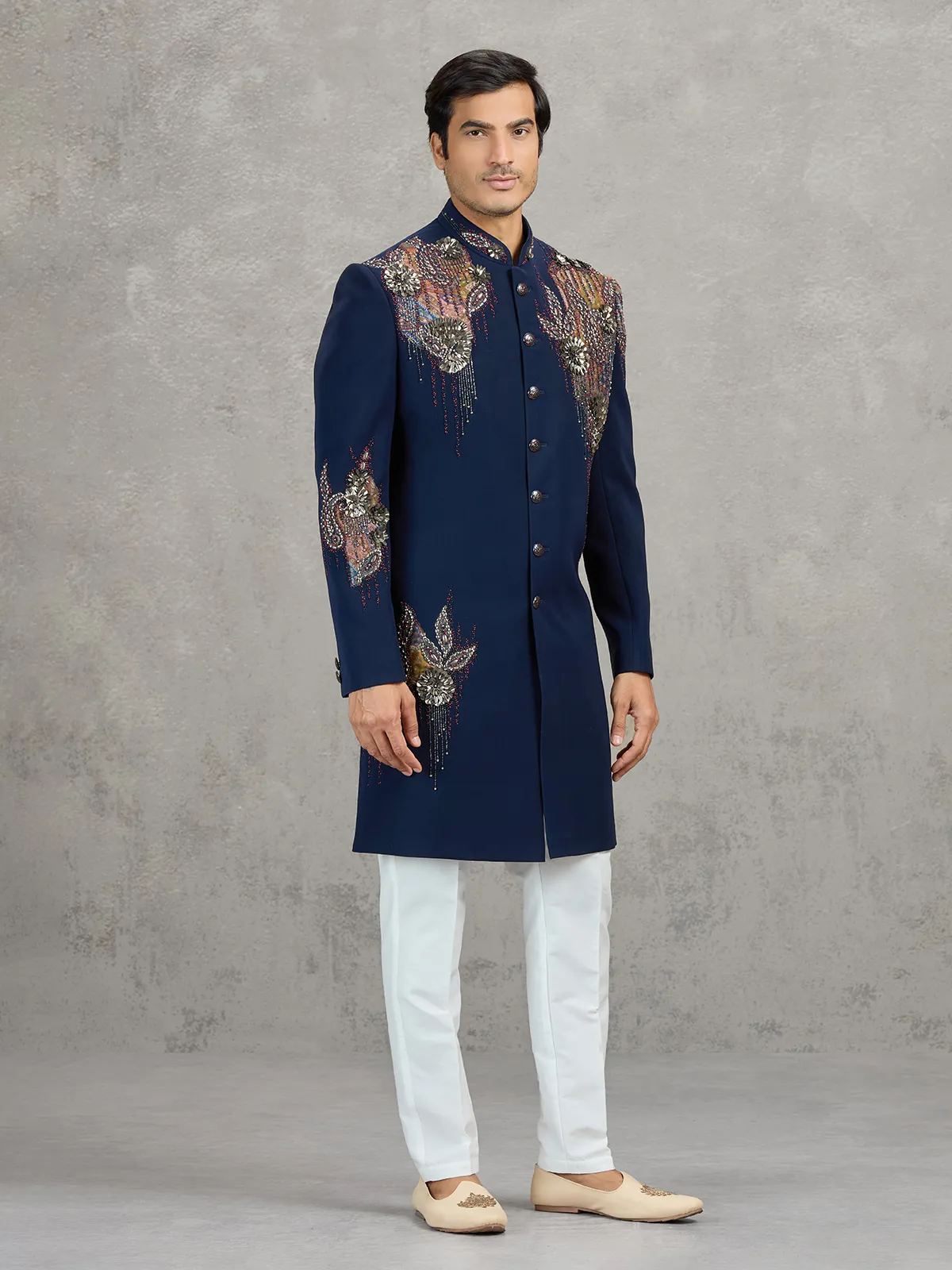 Navy terry rayon indowestern set with heavy embellishment