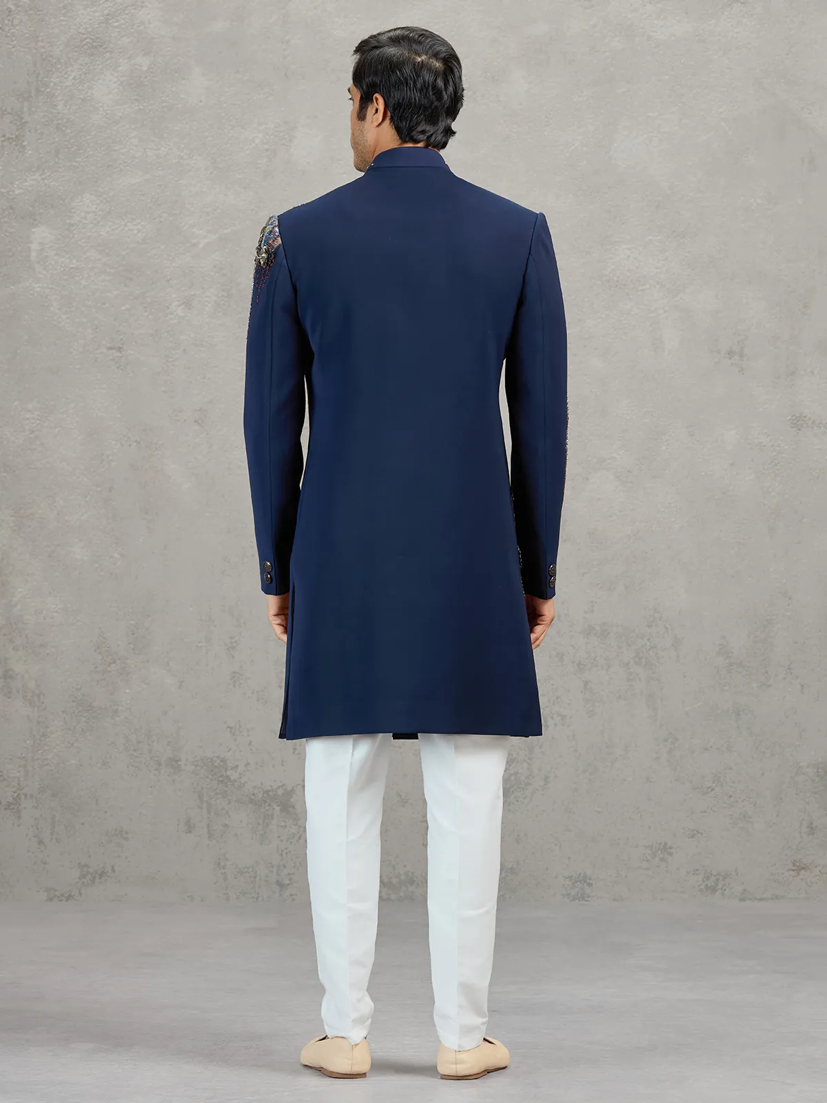 Navy terry rayon indowestern set with heavy embellishment