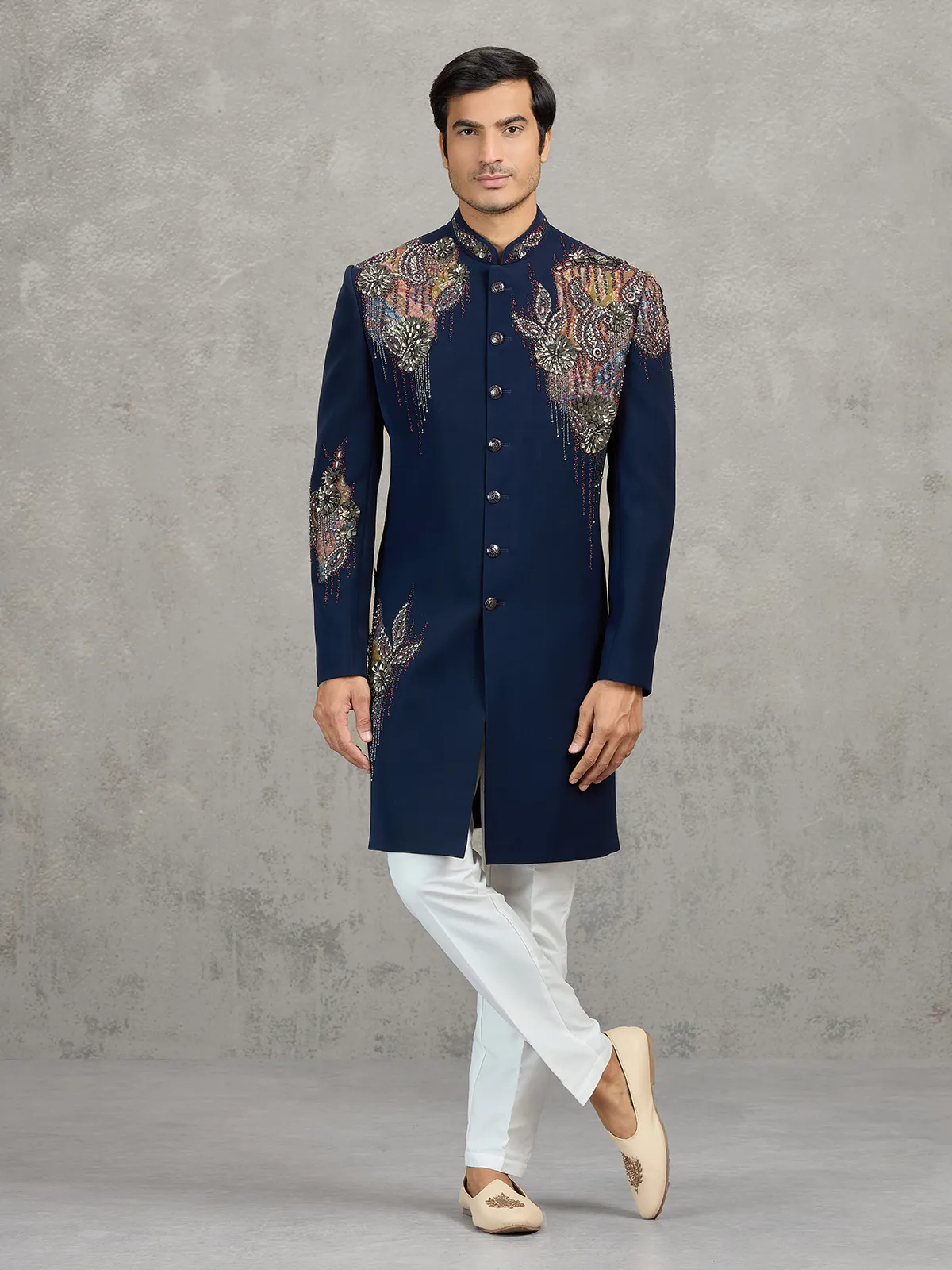 Navy terry rayon indowestern set with heavy embellishment