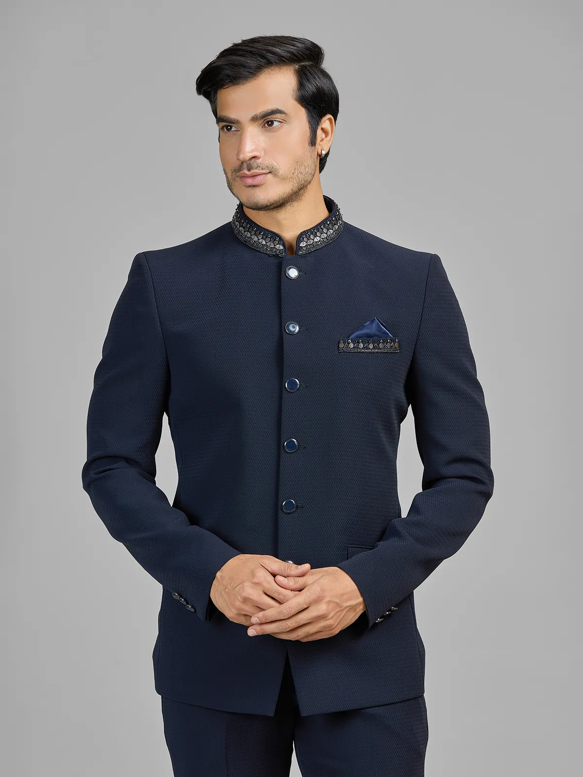 Navy terry rayon jodhpuri suit for party events