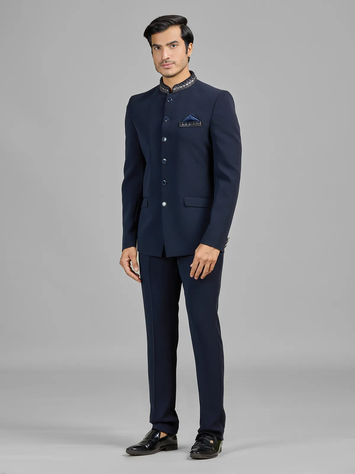 Navy terry rayon jodhpuri suit for party events