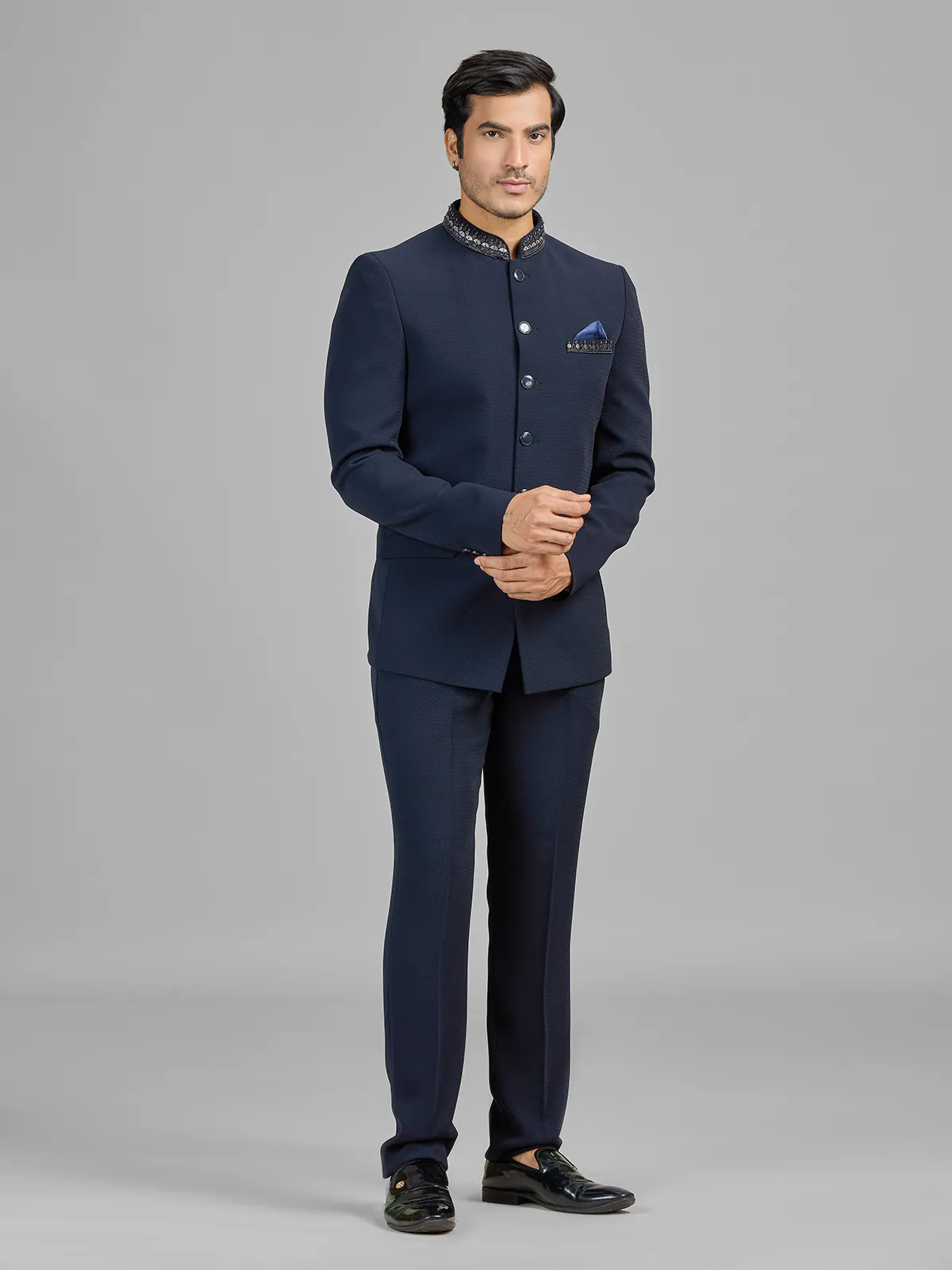 Navy terry rayon jodhpuri suit for party events