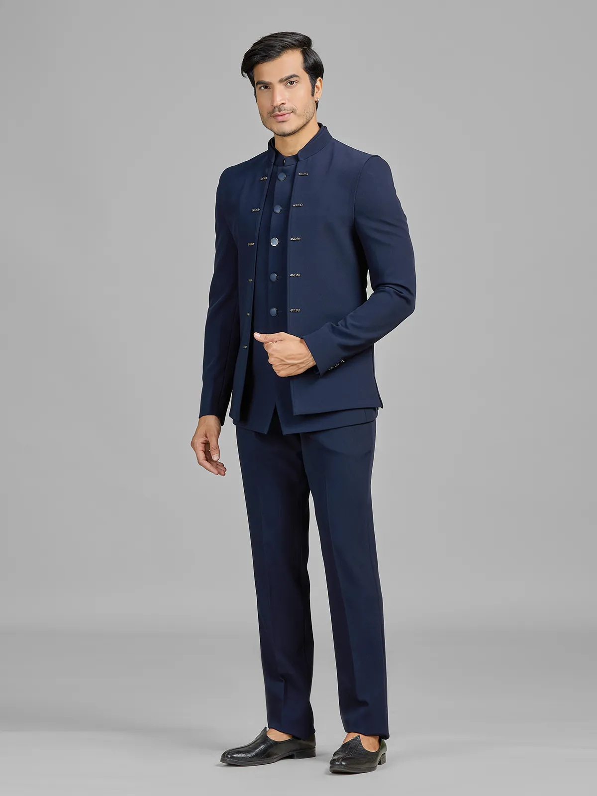 Navy terry rayon jodhpuri suit with standout jacket