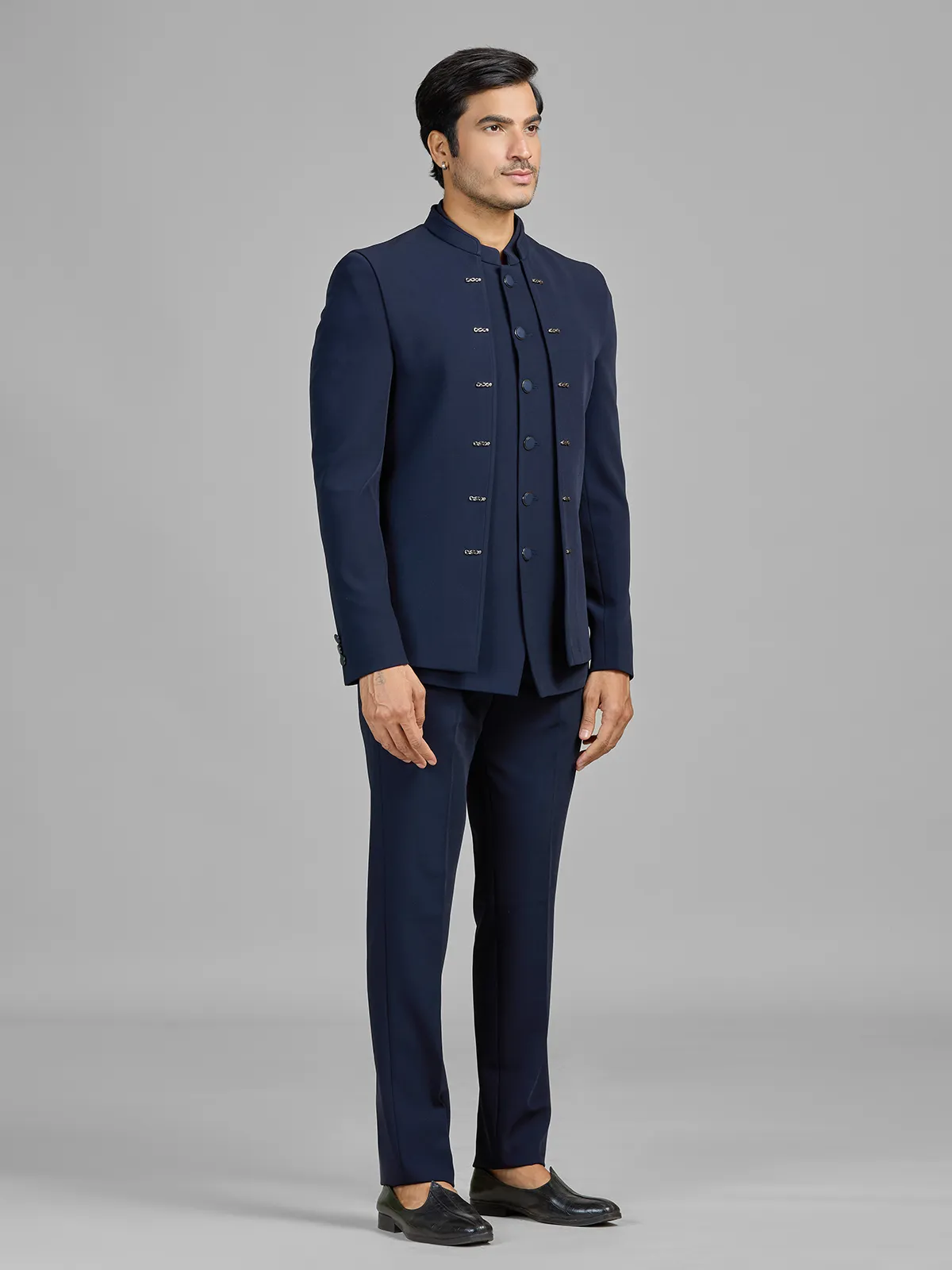 Navy terry rayon jodhpuri suit with standout jacket