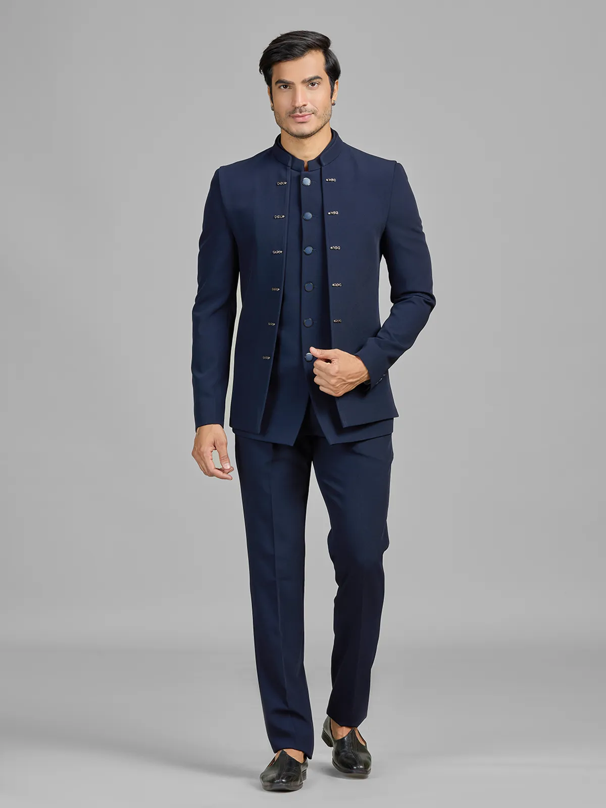 Navy terry rayon jodhpuri suit with standout jacket