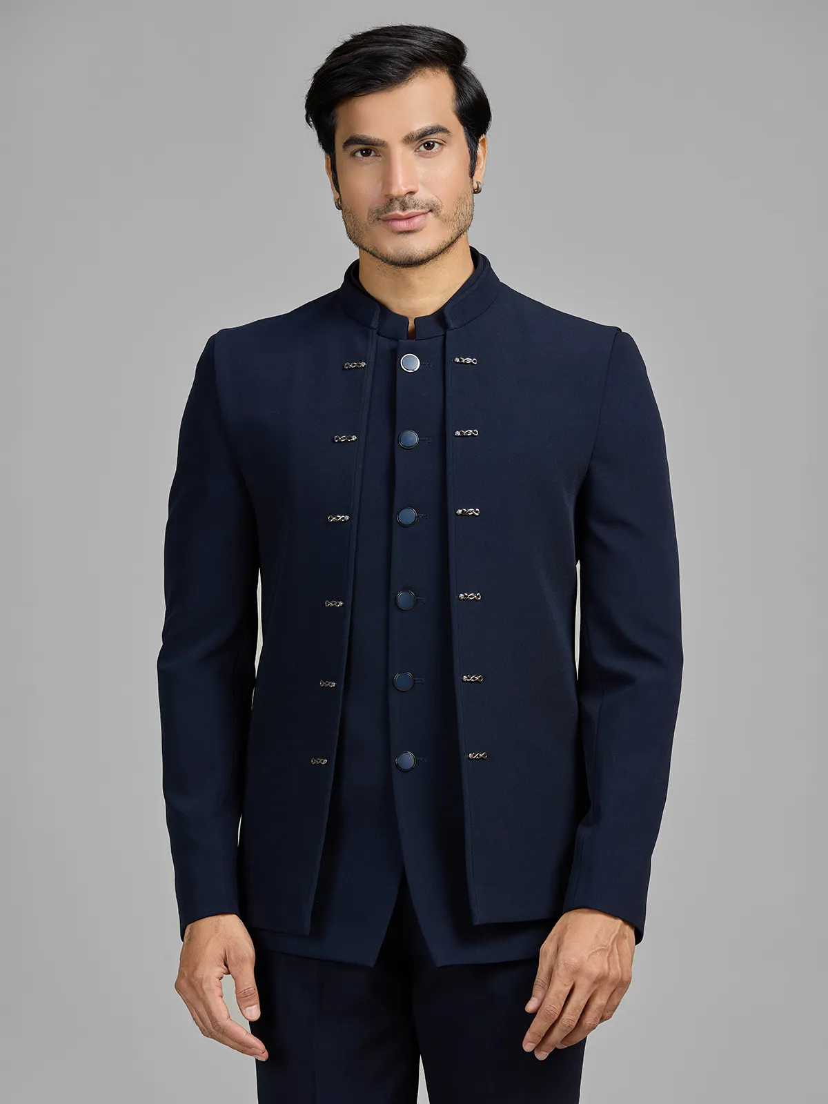 Navy terry rayon jodhpuri suit with standout jacket