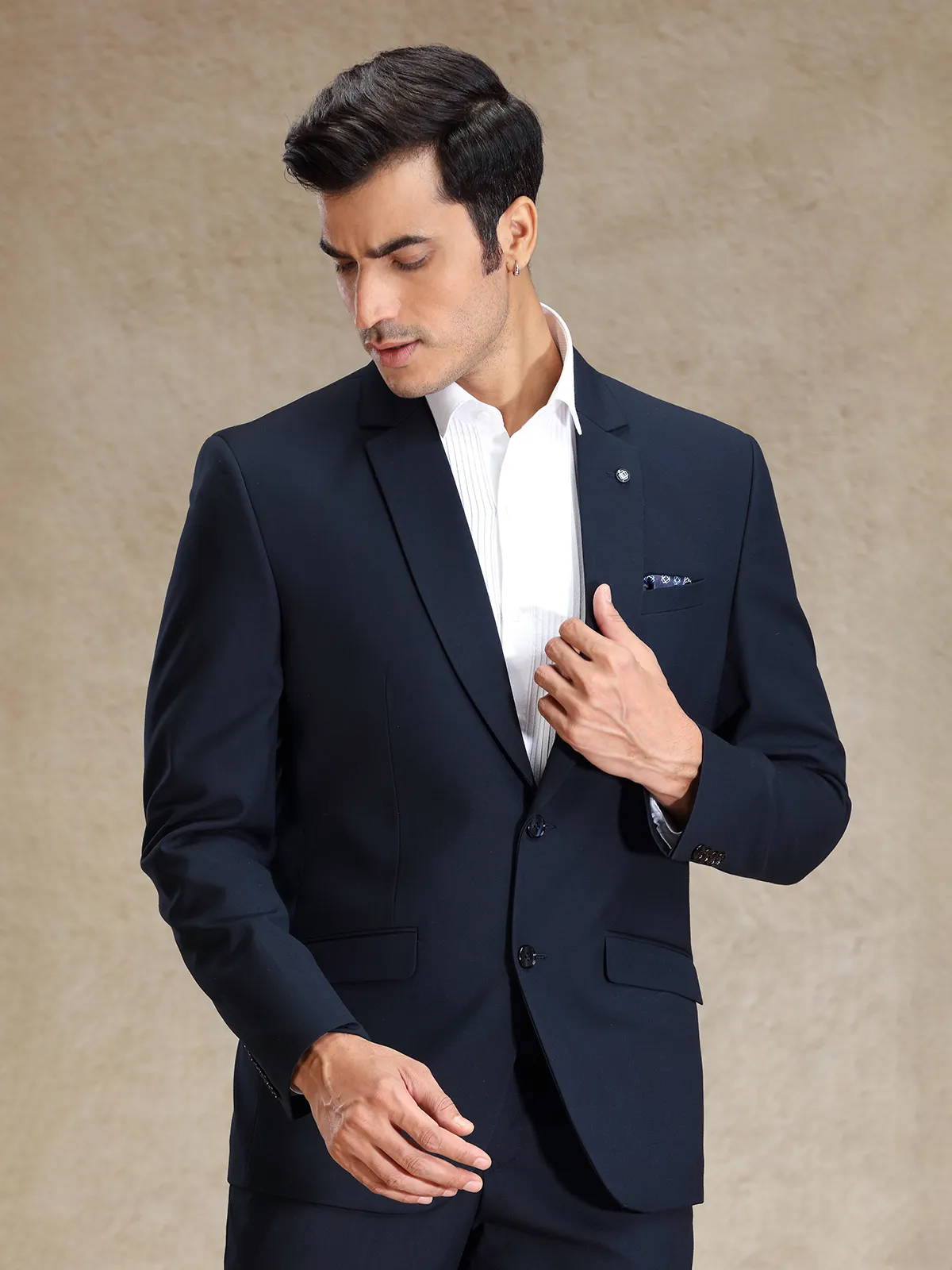 Navy terry rayon notch lapel textured blazer