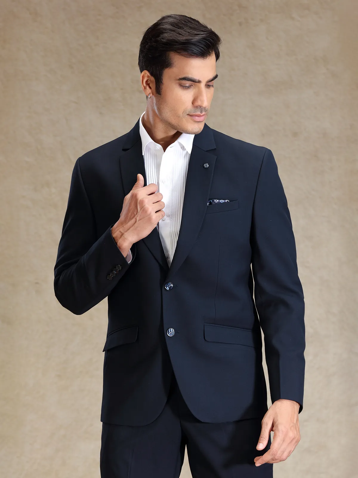 Navy terry rayon notch lapel textured blazer