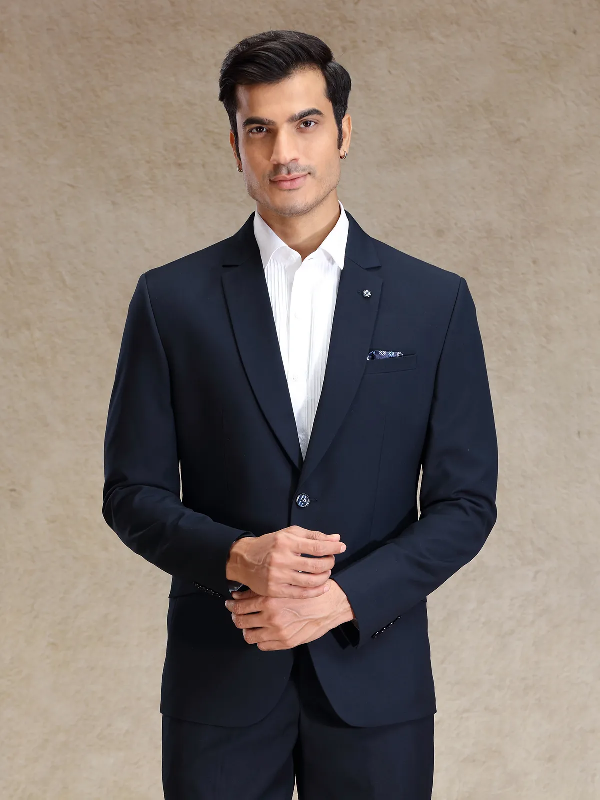 Navy terry rayon notch lapel textured blazer
