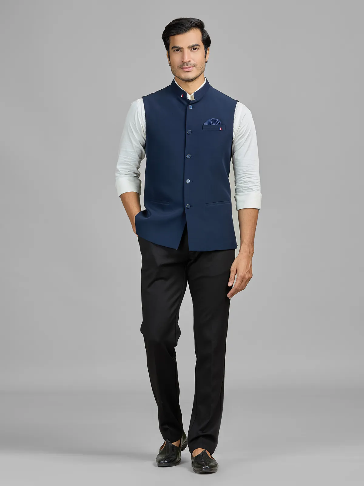 Navy terry rayon waistcoat for party wear