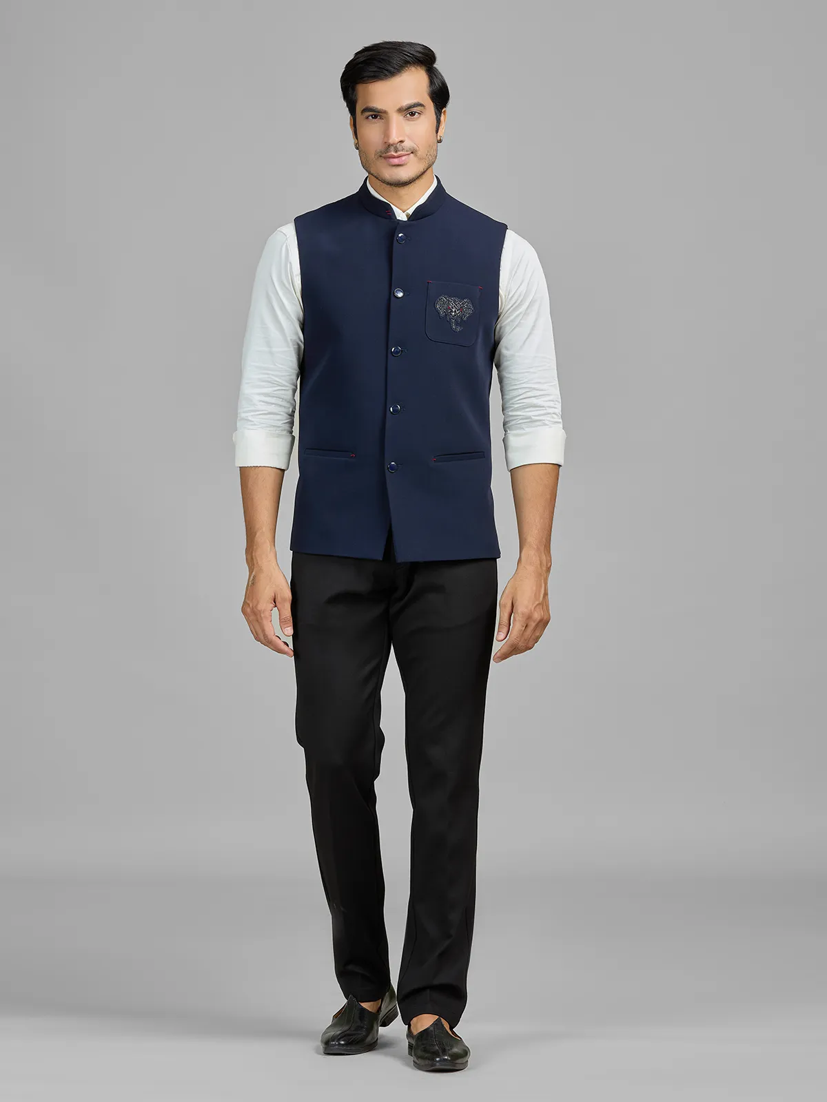 Navy terry rayon waistcoat with embellished pocket