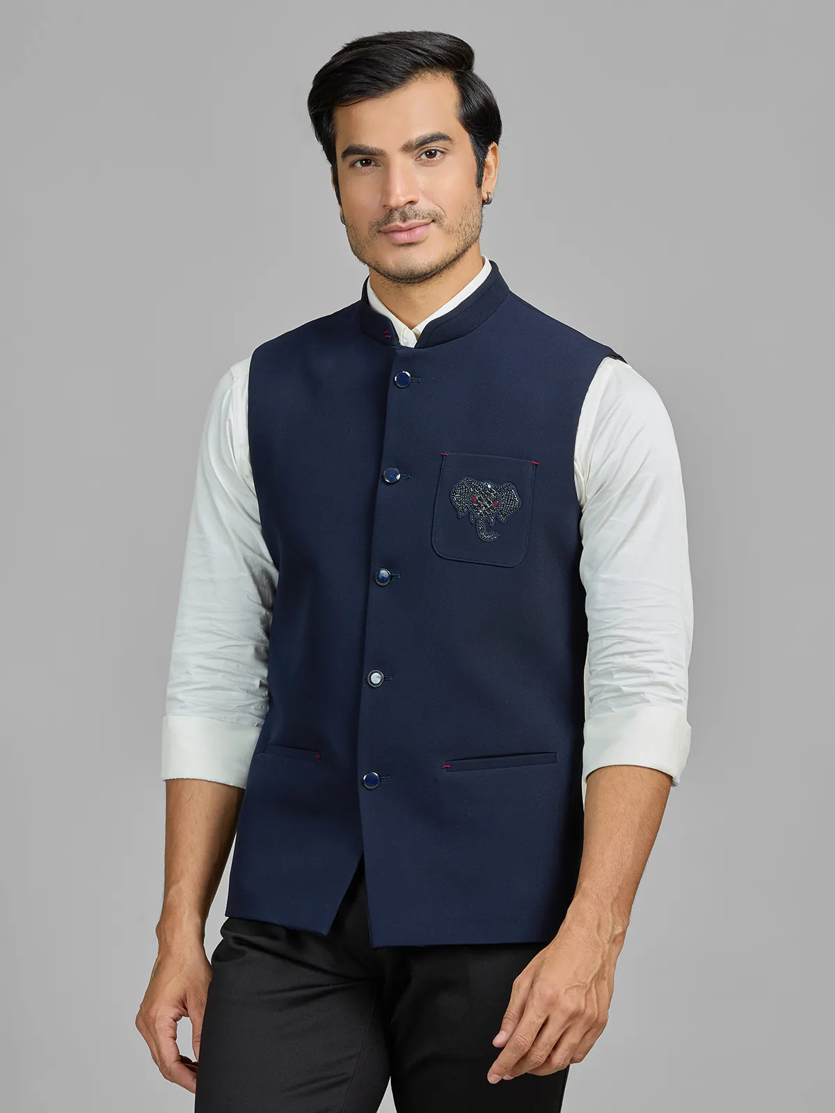 Navy terry rayon waistcoat with embellished pocket