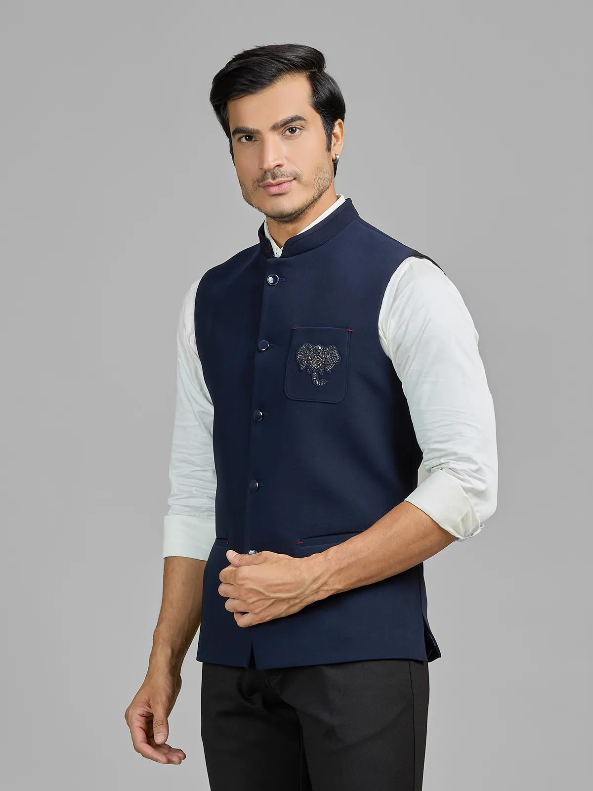 Navy terry rayon waistcoat with embellished pocket