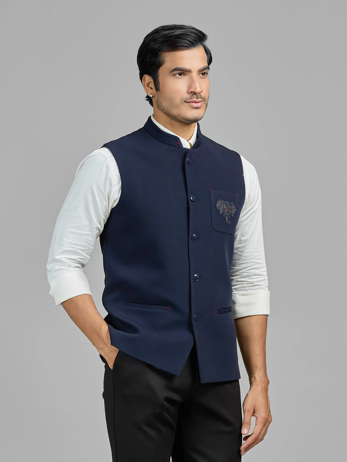 Navy terry rayon waistcoat with embellished pocket
