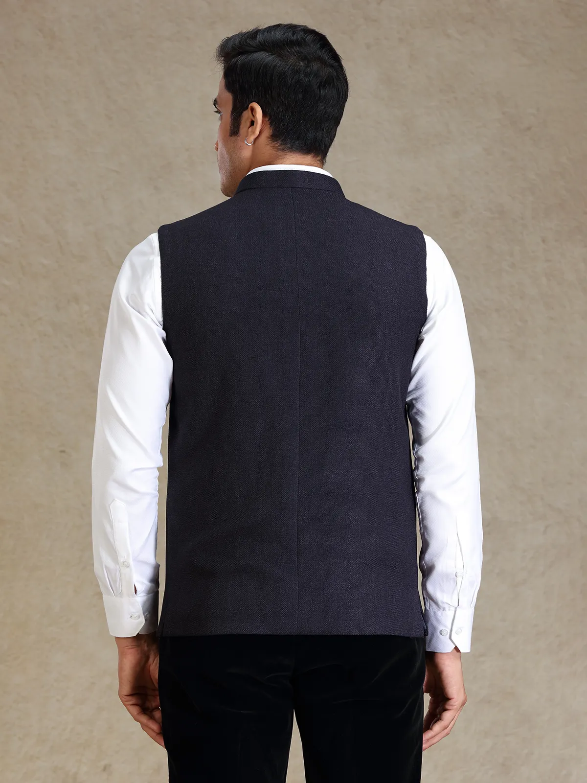 Navy textured bandhgala jacket for men