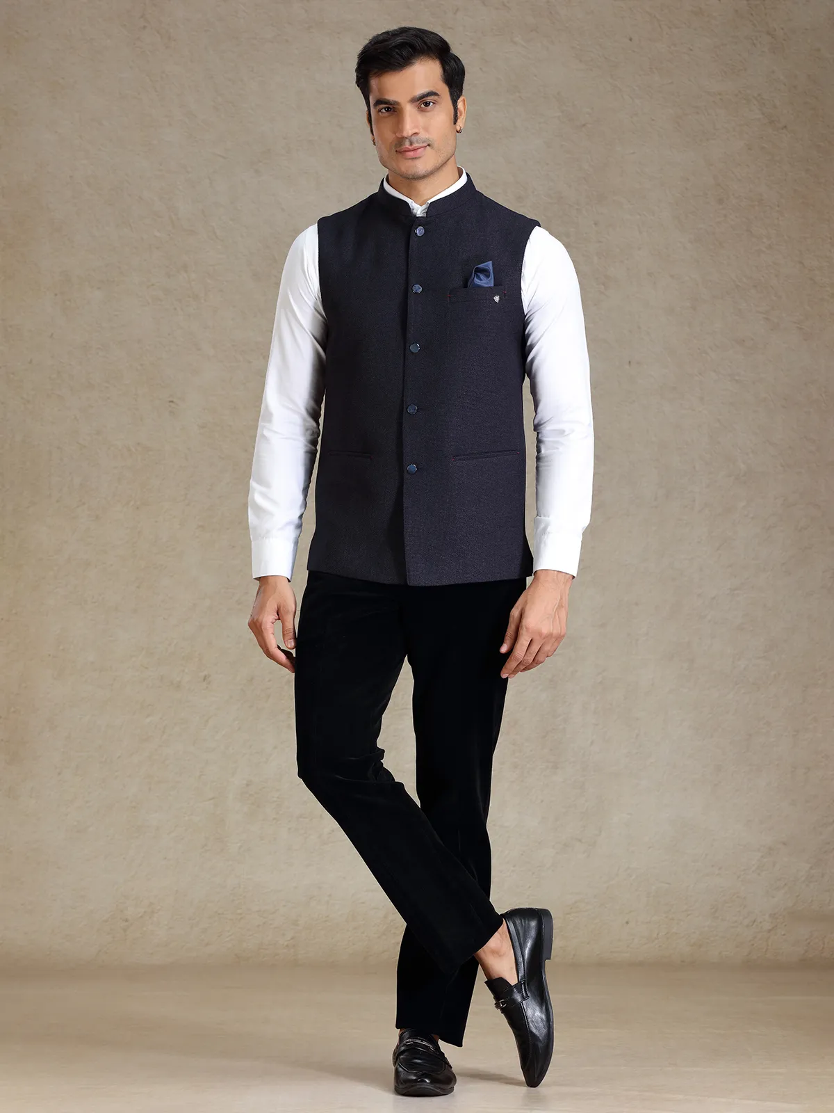 Navy textured bandhgala jacket for men