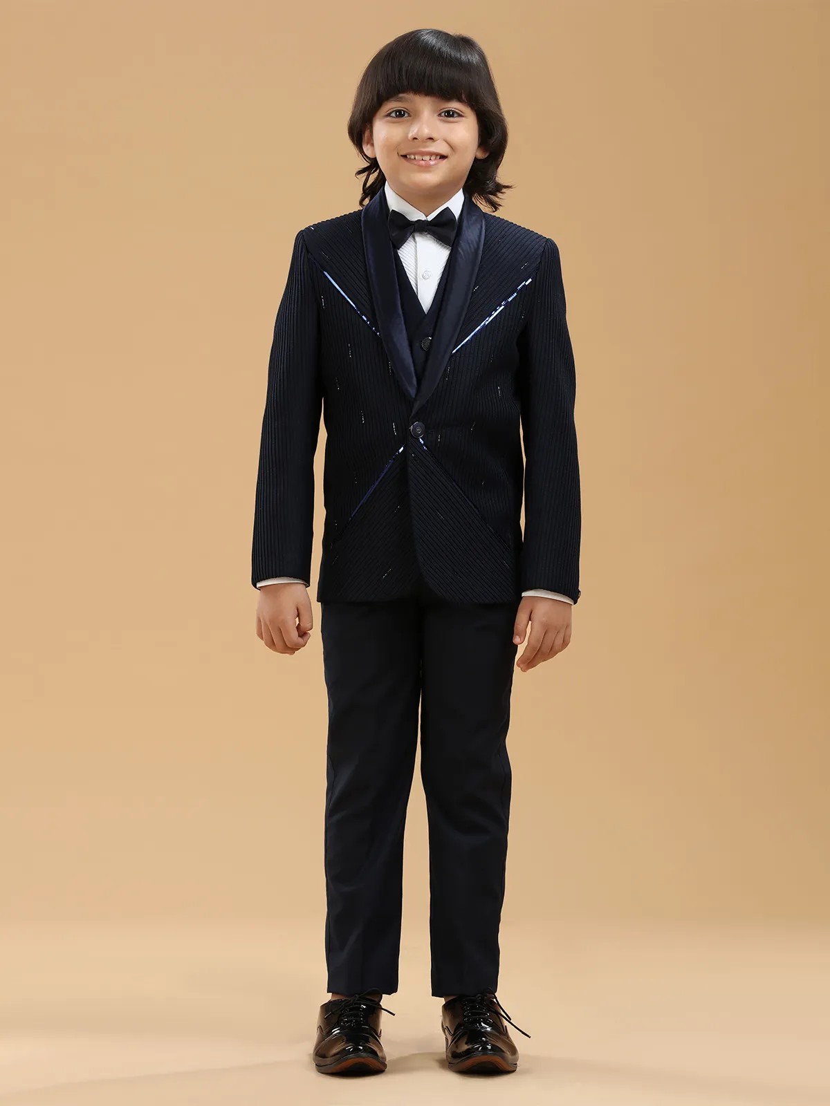 Navy textured boys coat suit in terry rayon