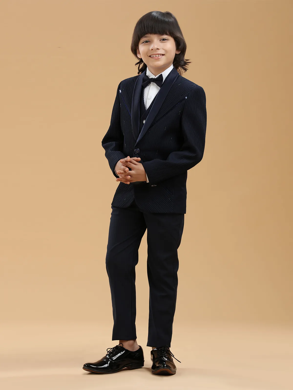 Navy textured boys coat suit in terry rayon