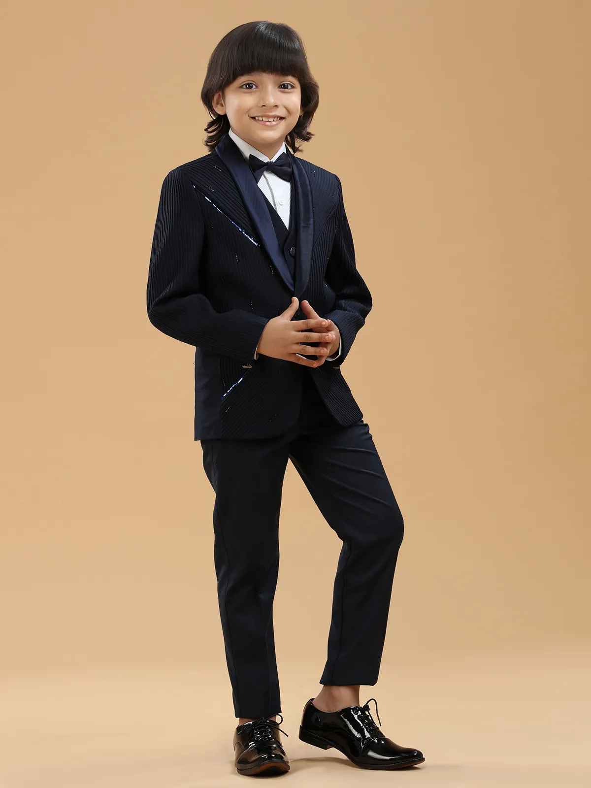 Navy textured boys coat suit in terry rayon