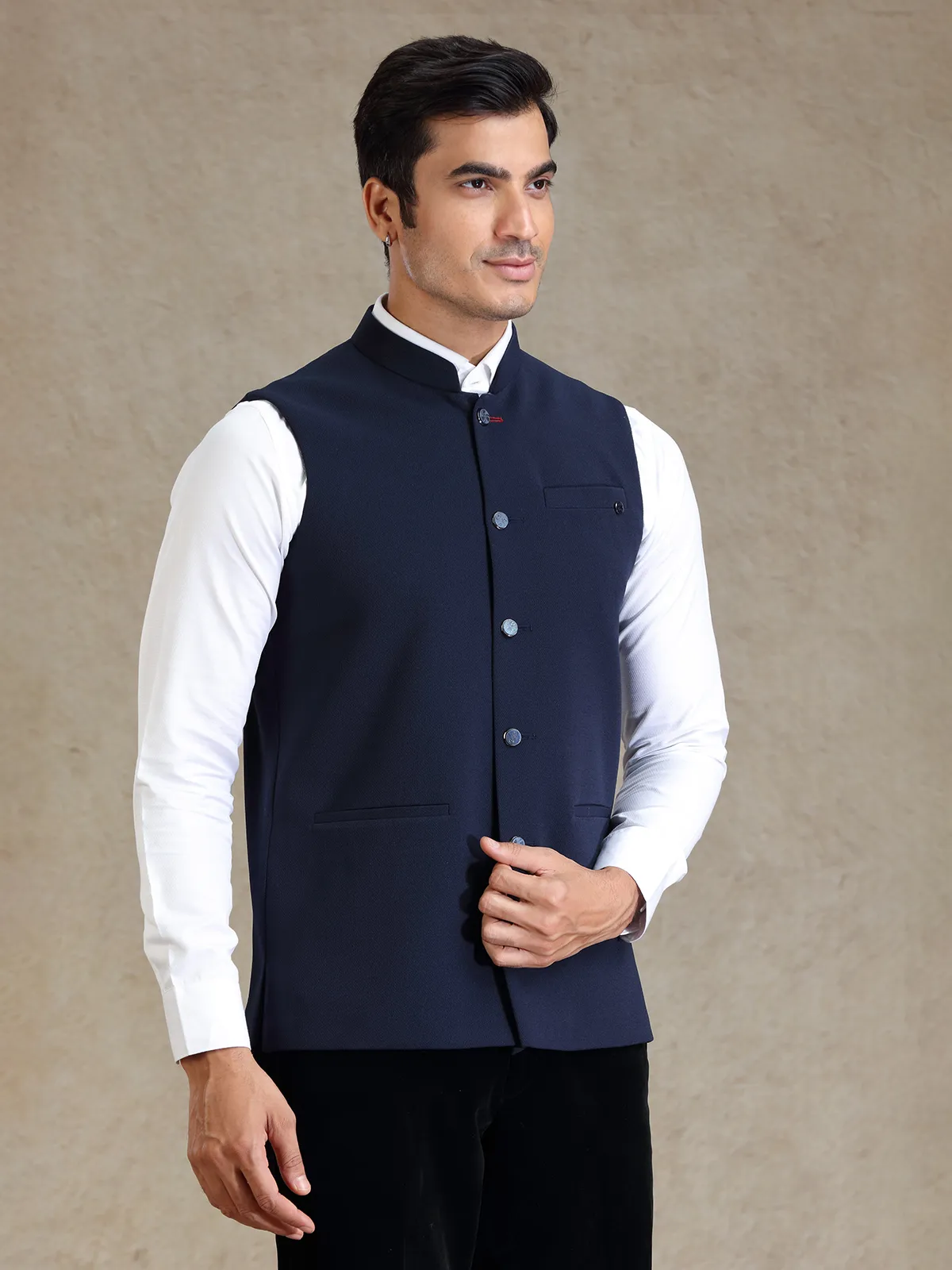 Navy textured nehru jacket for men