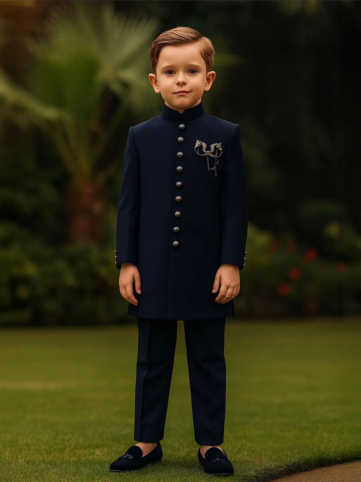 Navy wedding wear indowestern suit in terry rayon