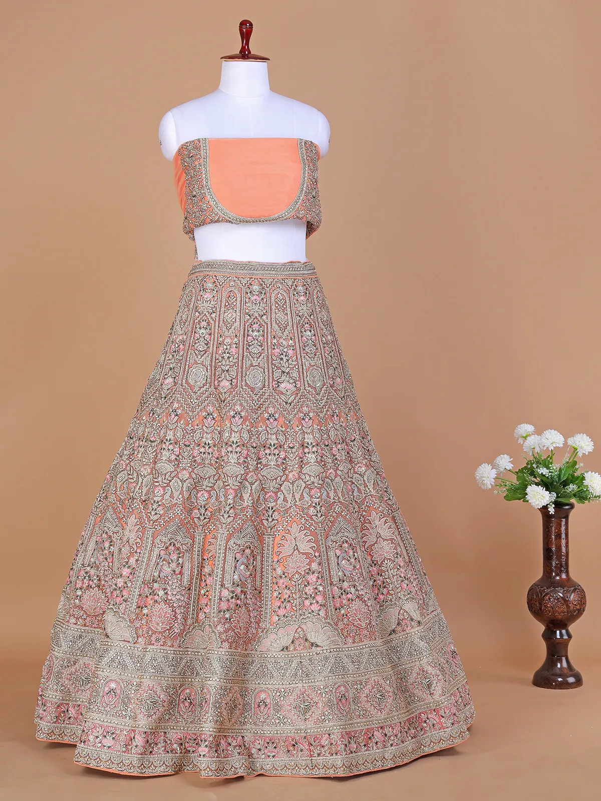 Net peach embroidery lehenga choli