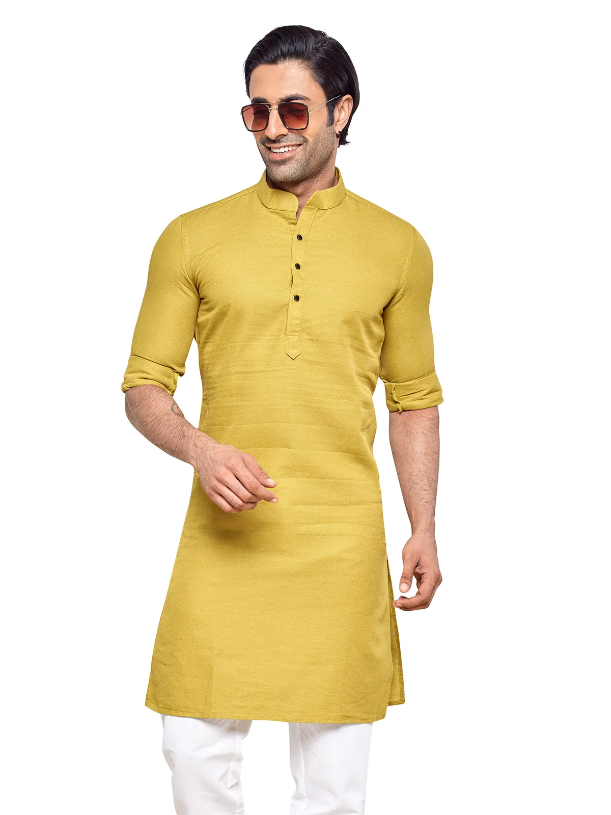 Plain yellow cotton  Men Kurta pajama