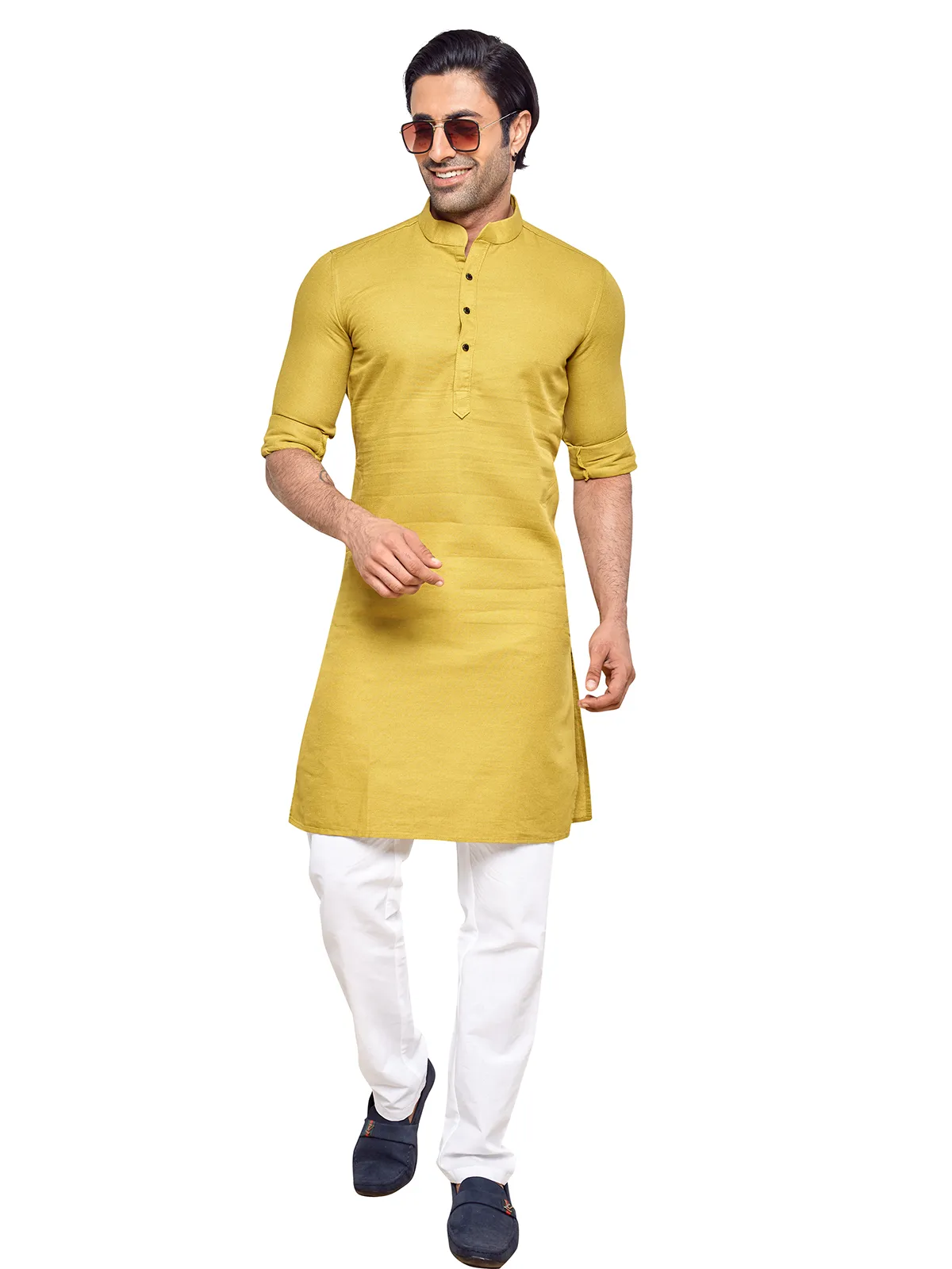 Plain yellow cotton  Men Kurta pajama