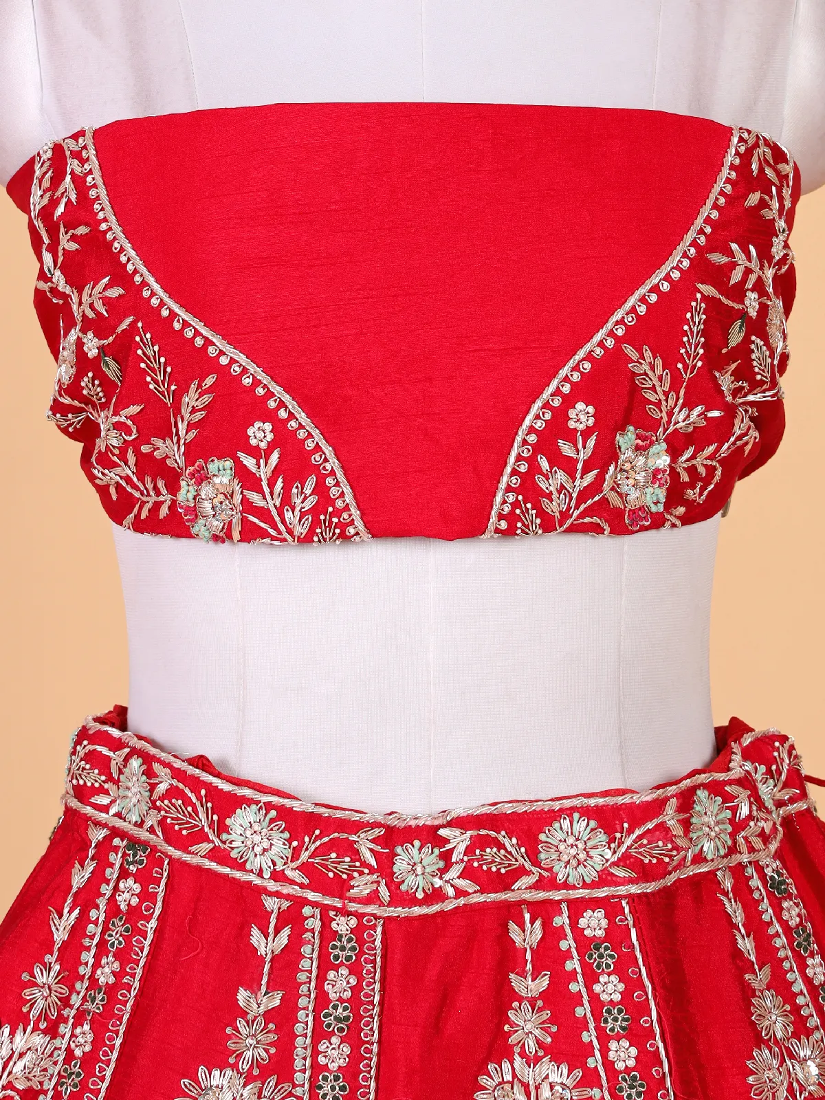 Stunning red raw silk lehenga choli for bridal