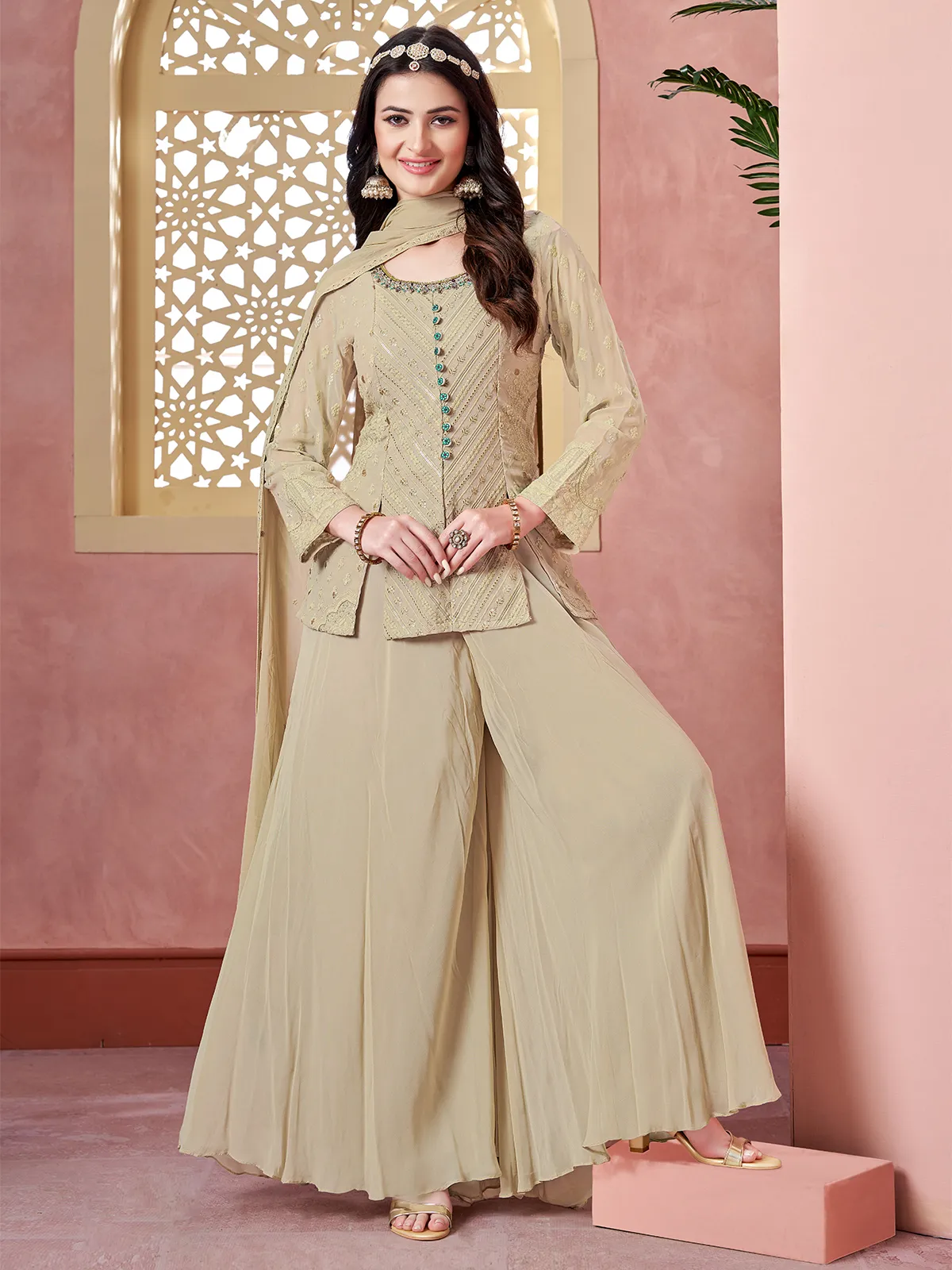 Newest beige georgette palazzo suit