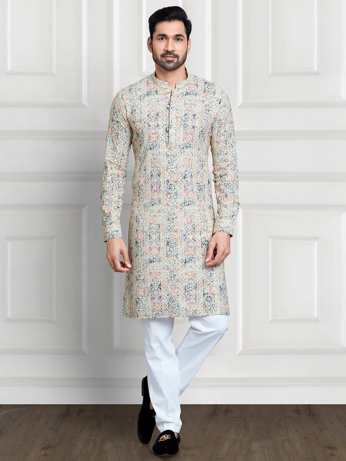 Newest beige printed cotton  Men Kurta pajama