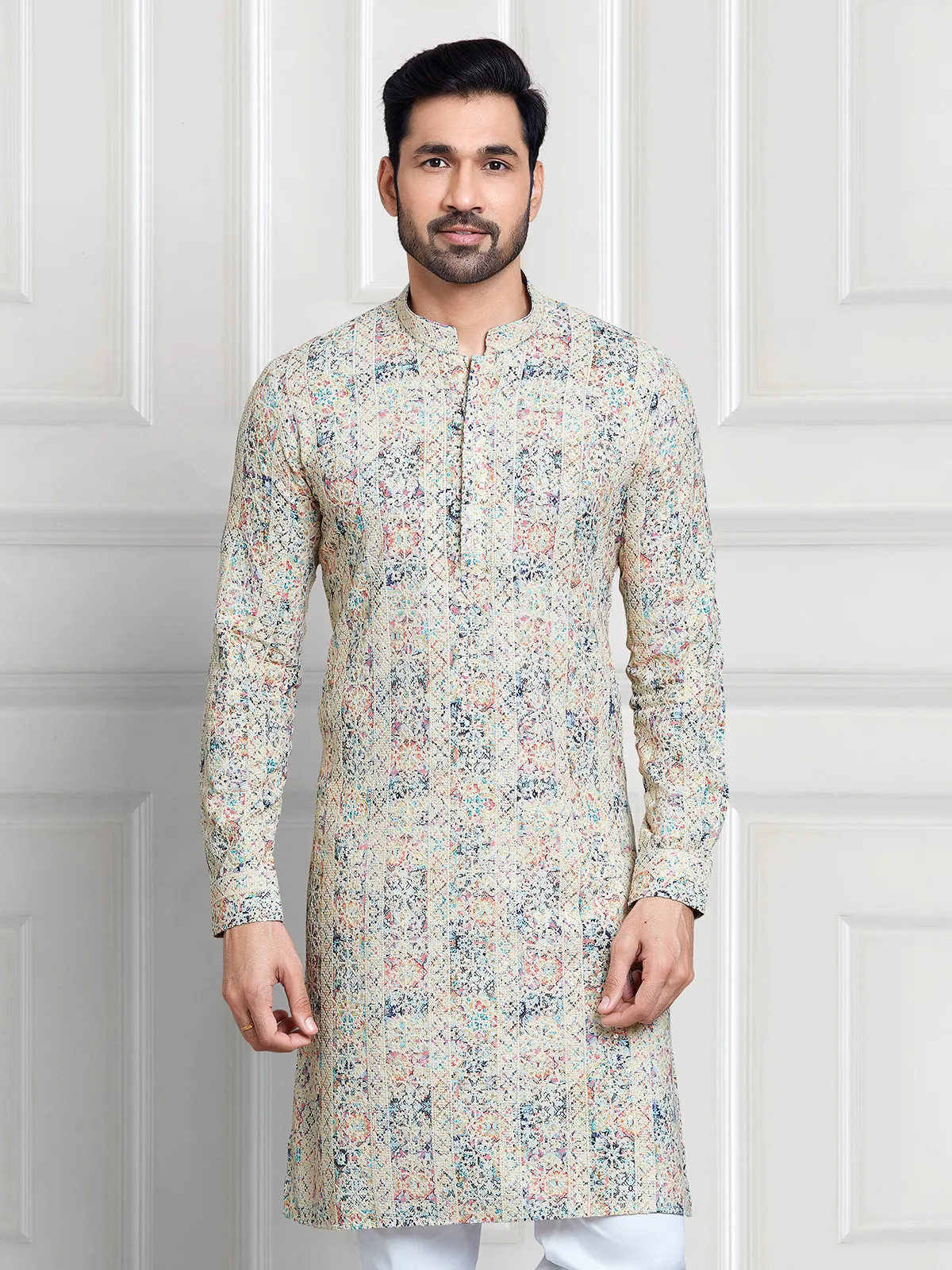 Newest beige printed cotton kurta suit