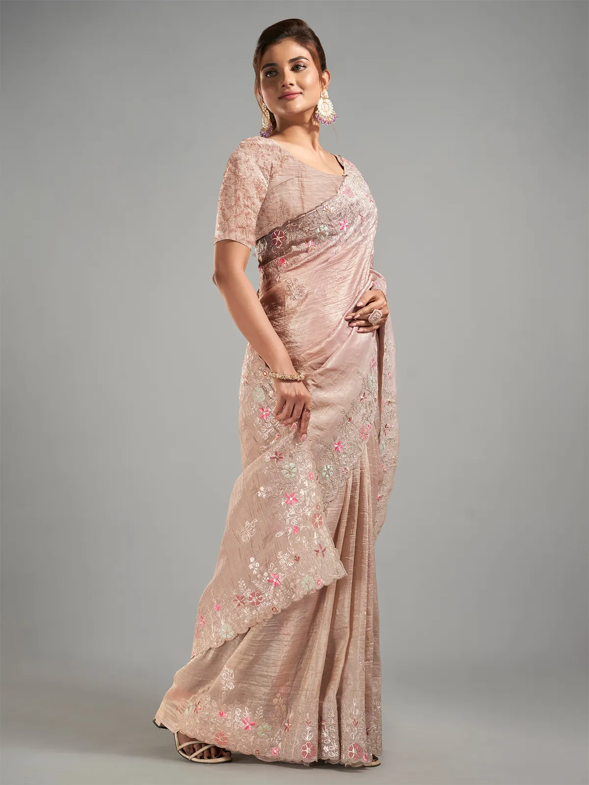 Newest beige tissue silk saree