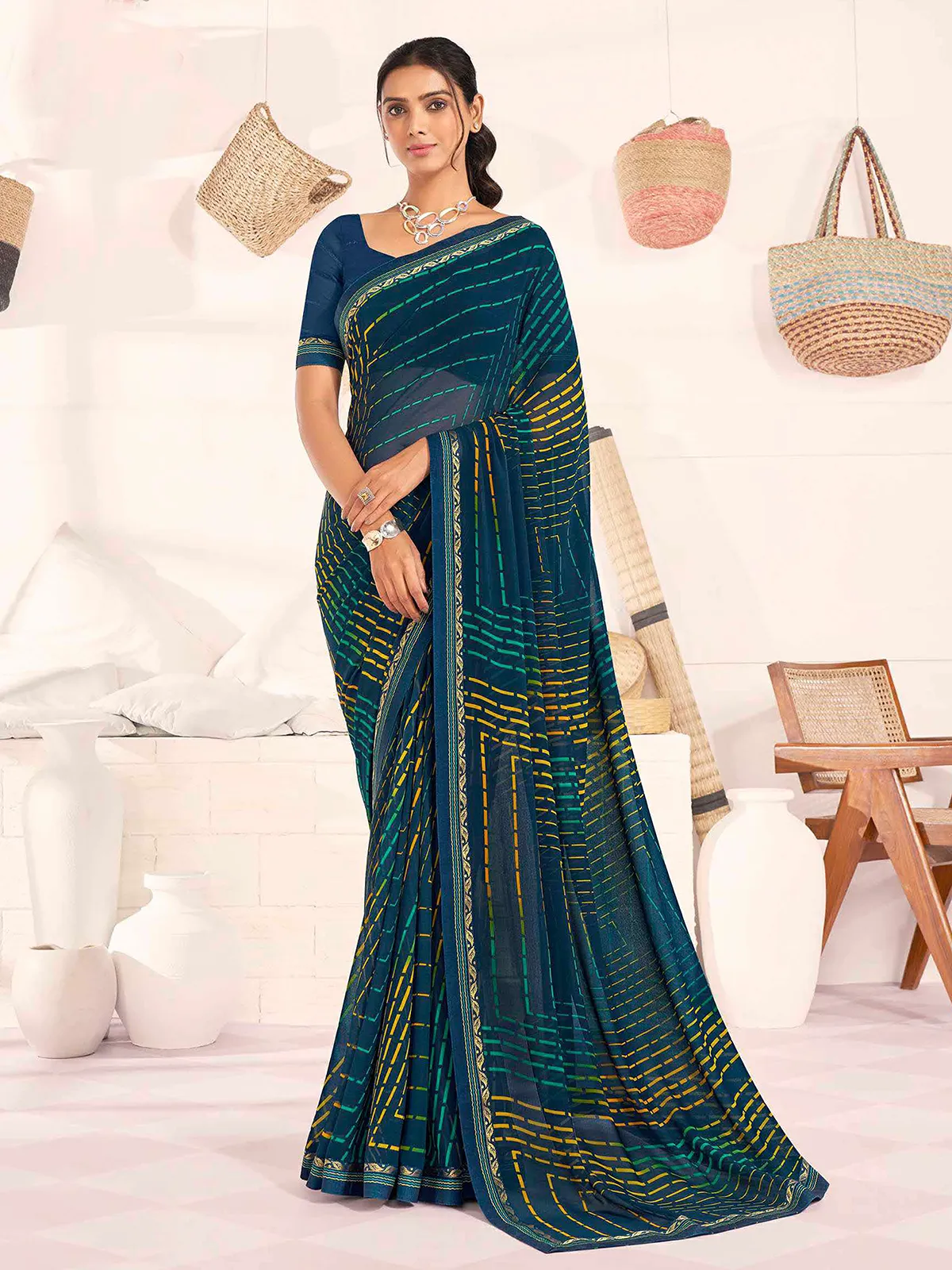 Newest georgette printed navy saree