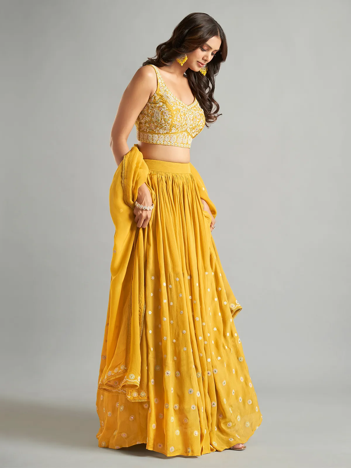 Newest georgette yellow lehenga choli