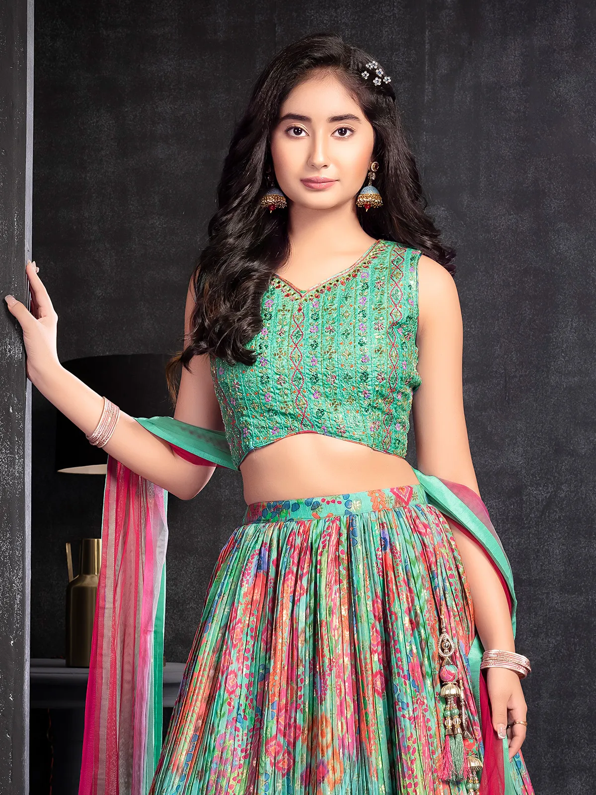 Newest green printed georgette lehenga choli