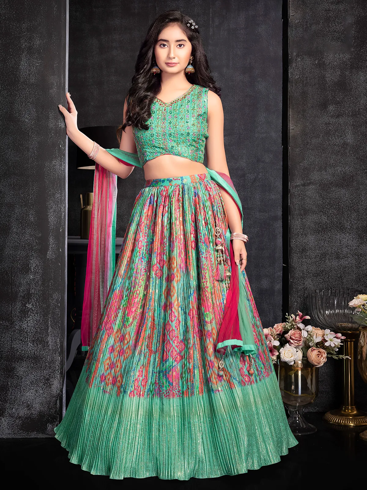 Newest green printed georgette lehenga choli