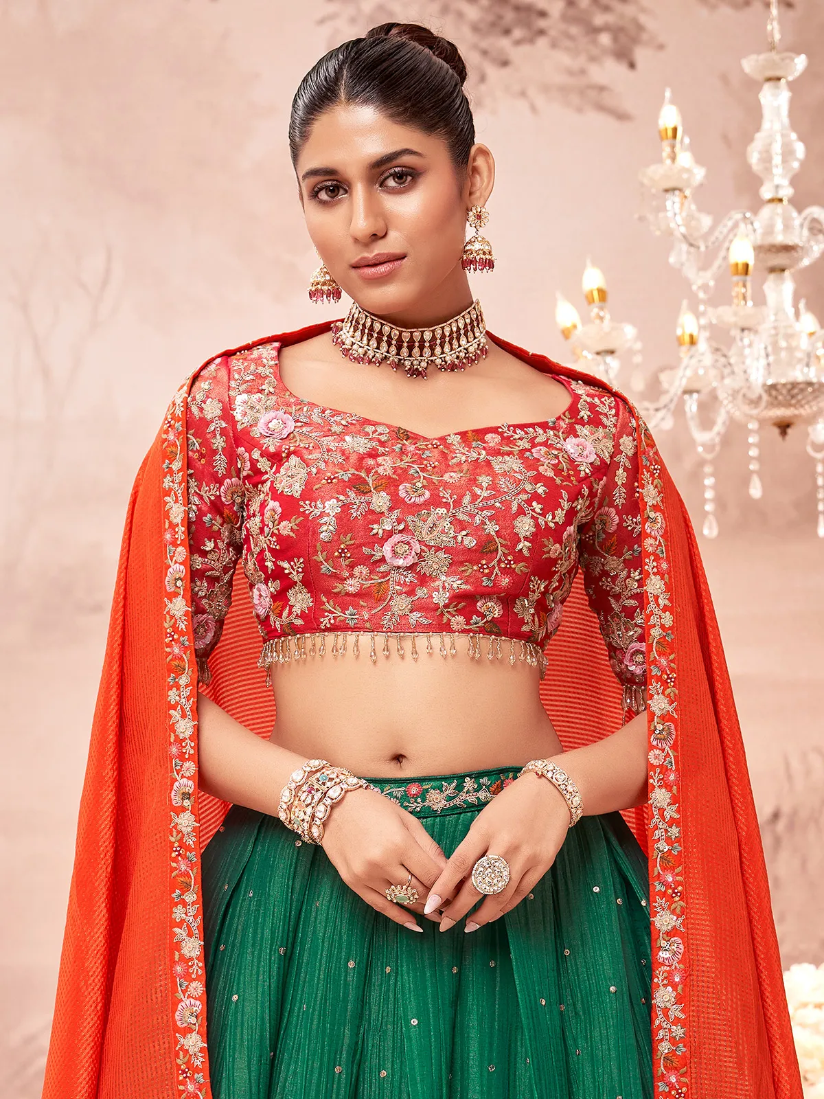 Newest green silk unstitched lehenga choli