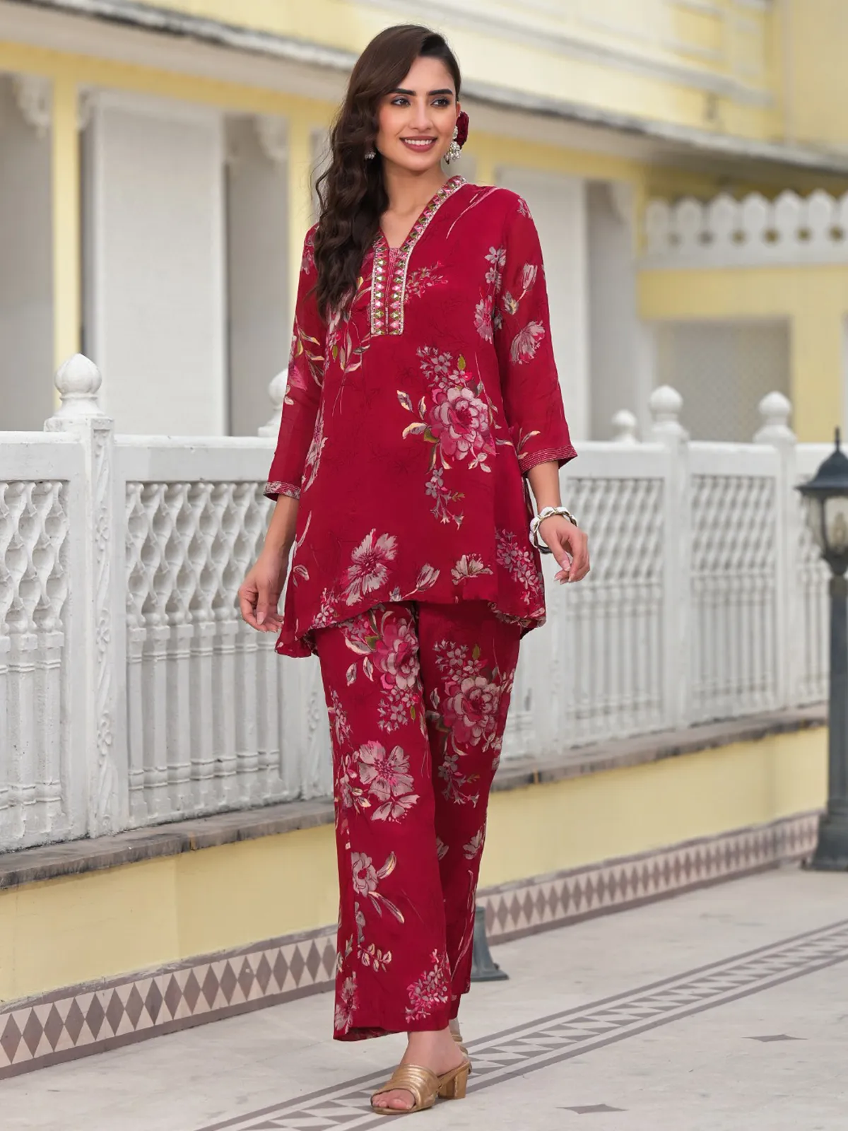 Newest maroon printed silk kurti set