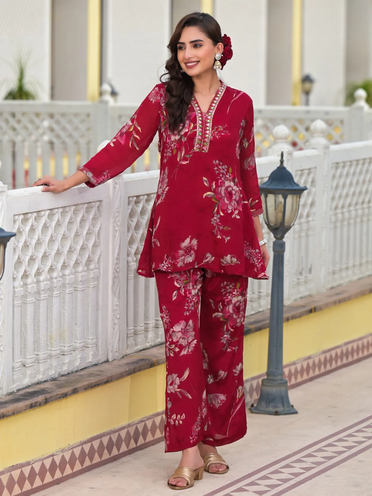 Newest maroon printed silk kurti set