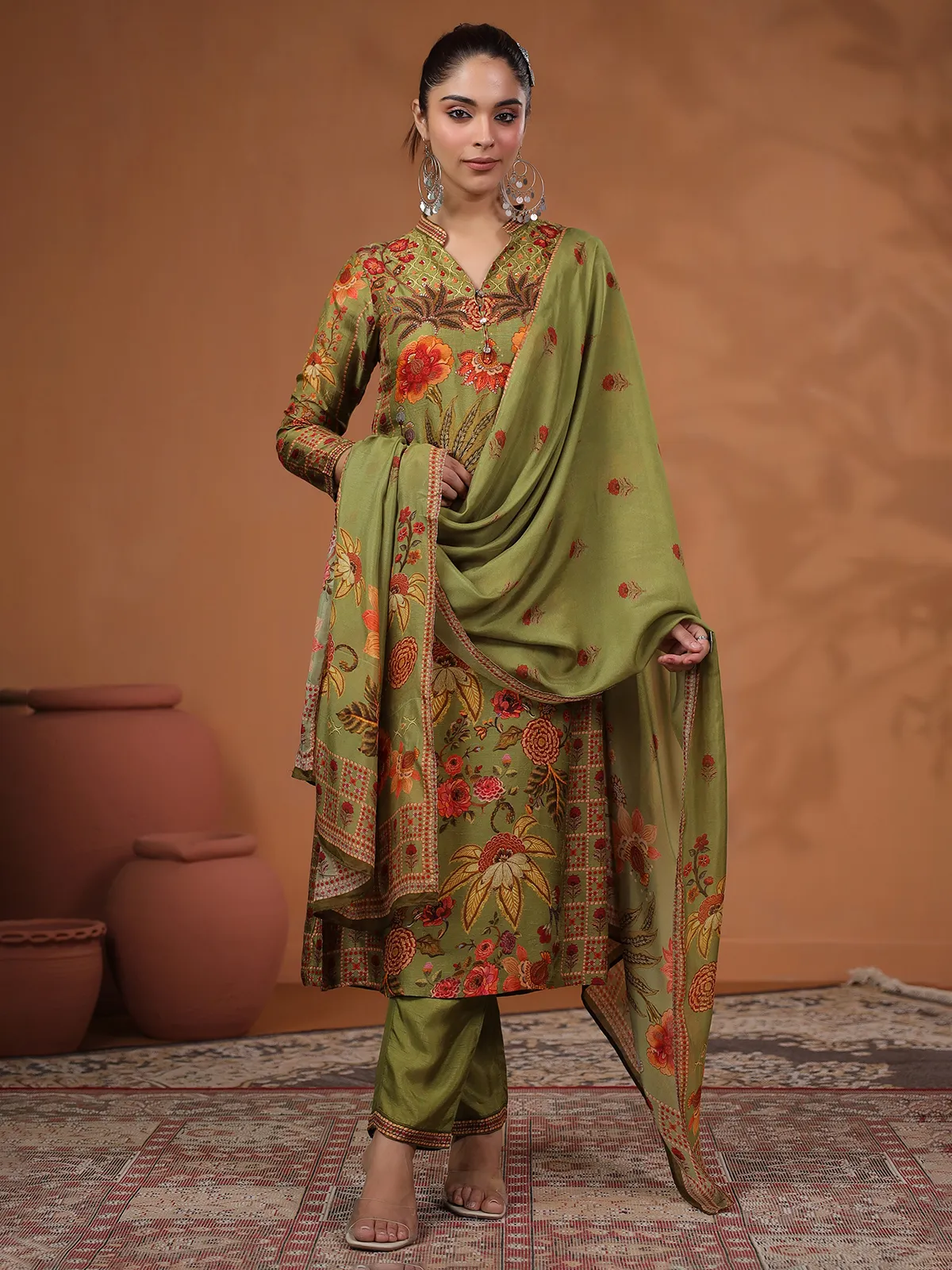 Newest mehendi green kurti set with dupatta