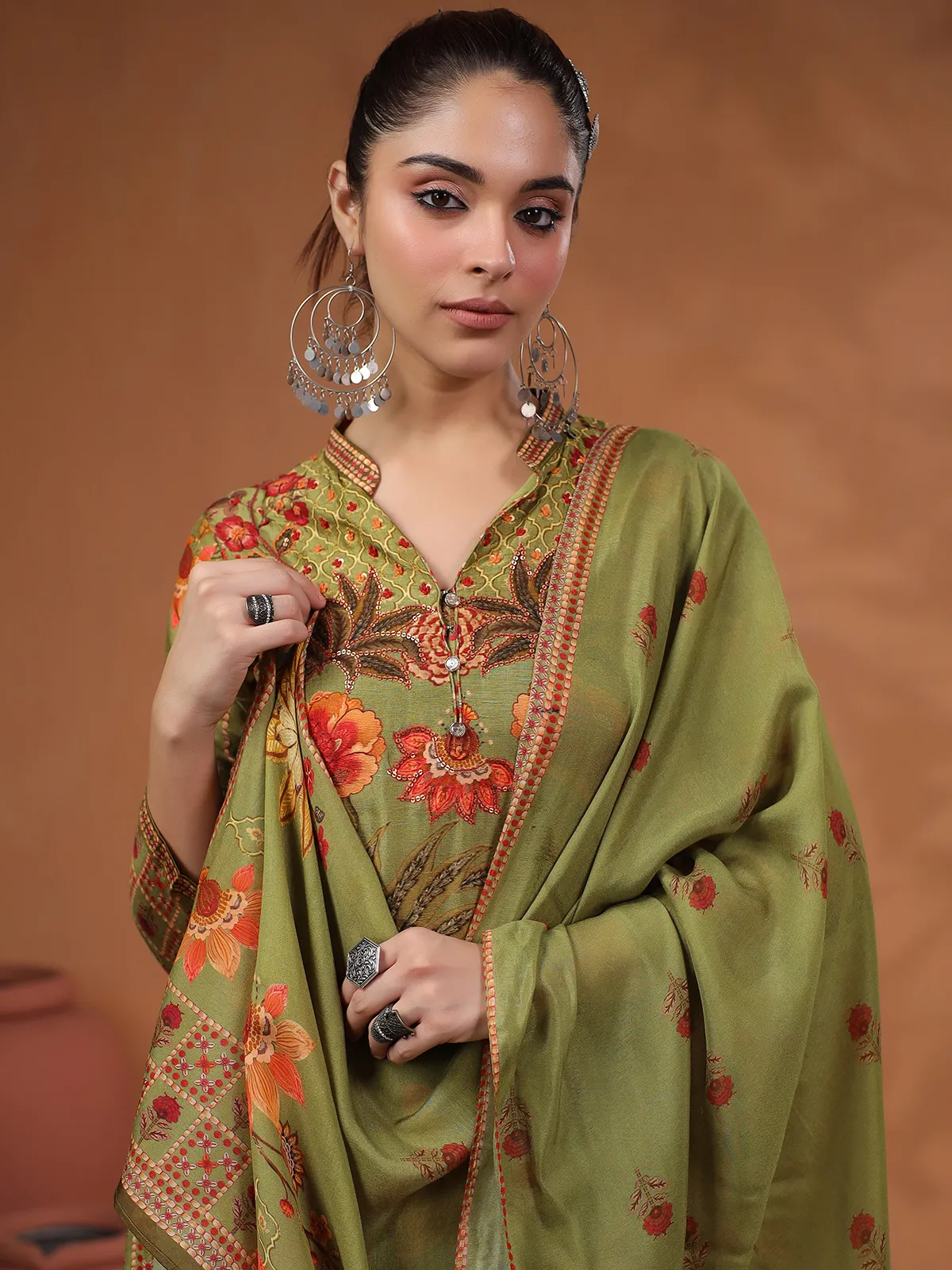 Newest mehendi green kurti set with dupatta